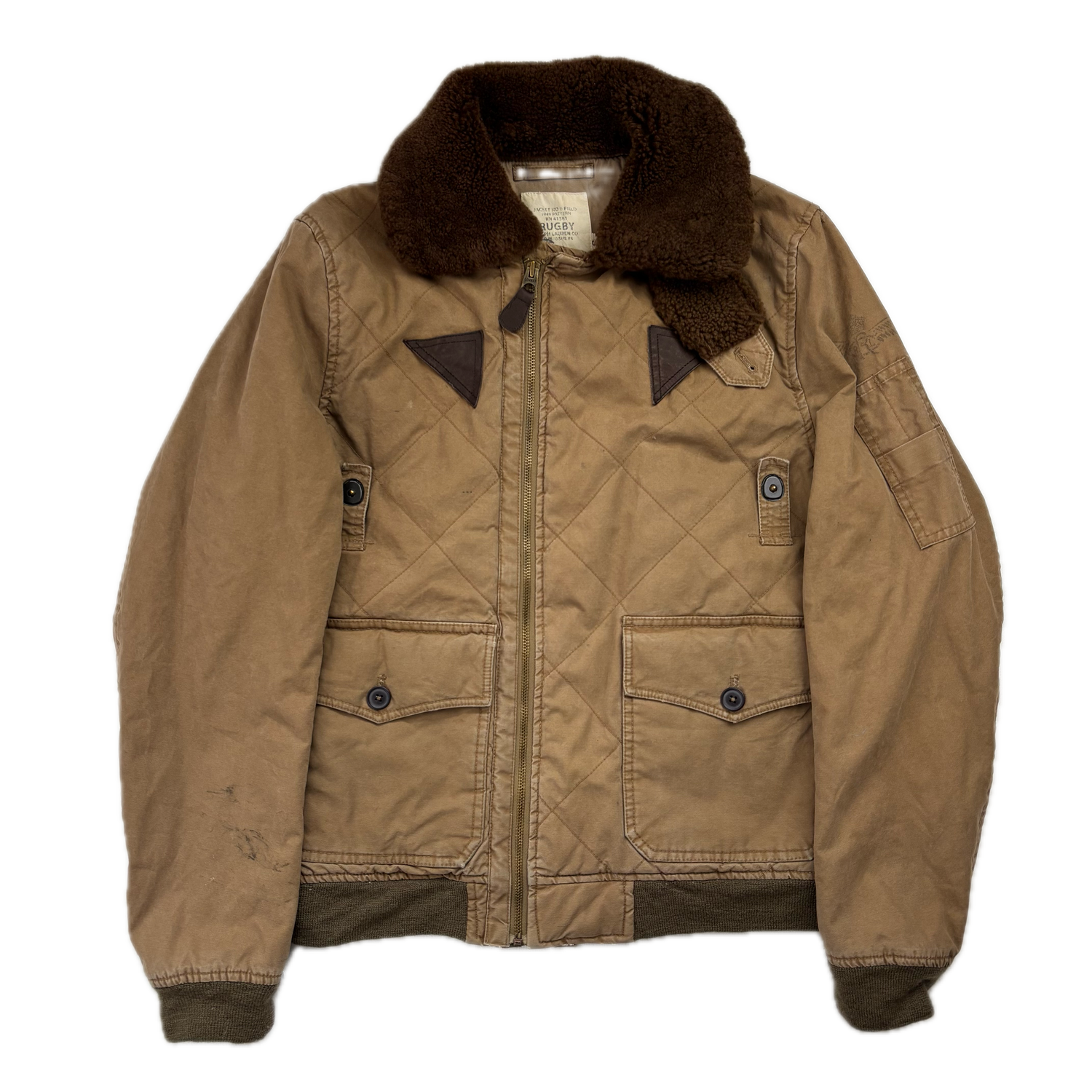 Rugby Ralph Lauren Tan B-15A Bomber Jacket Shearling Collar - S